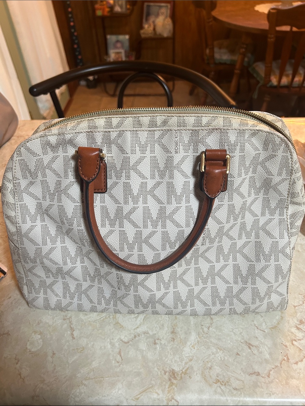 MICHAEL Michael Kors Cream MK Logo Toiletry Bag with Brown Trim